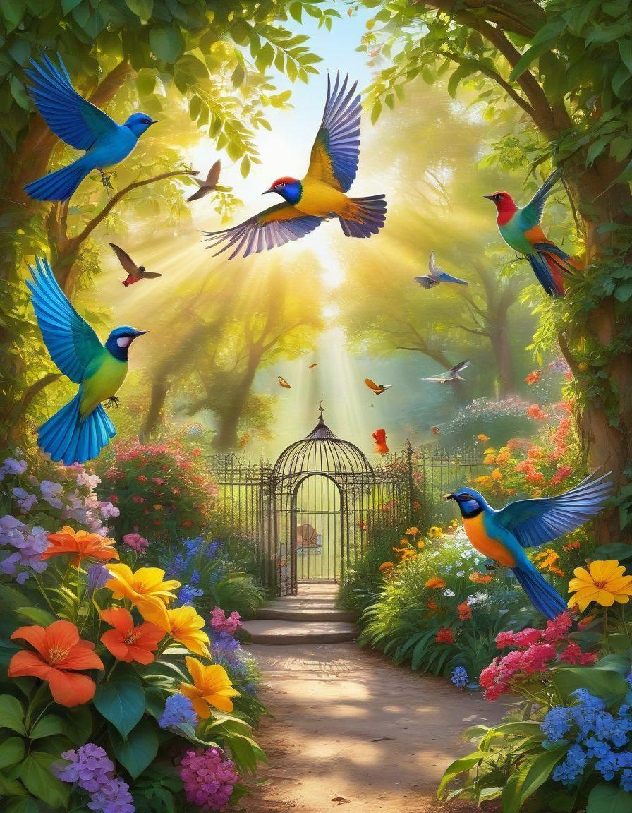 A whimsical aviary filled with brightly colored birds in flight, surrounded by lush green foliage and blooming flowers. The scene radiates joy and connection, with a soft golden sunlight filtering through the leaves, casting playful shadows. In the background, a serene blue sky enhances the feeling of freedom and harmony with nature. The birds, in various sizes and species, represent diversity and cheerfulness. vibrant colors. painting.