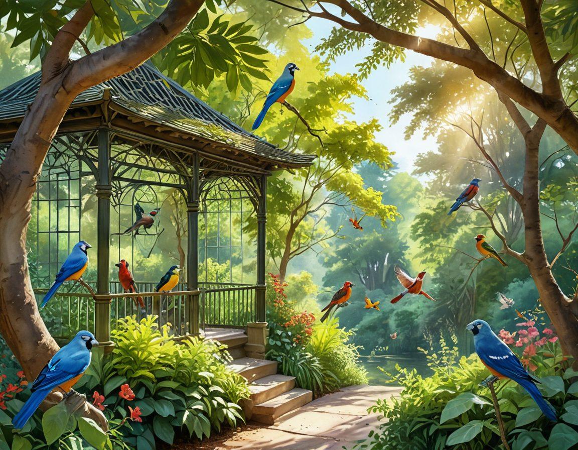 A serene aviary filled with colorful birds of various species, softly perched on branches amidst lush, vibrant greenery. Sunlight streams through, creating dappled light effects while birds are happily fluttering in the background. Add joyful people observing the birds, capturing their moments of tranquility and joy. The scene should evoke a sense of peace and happiness. watercolor painting. soft pastel colors.