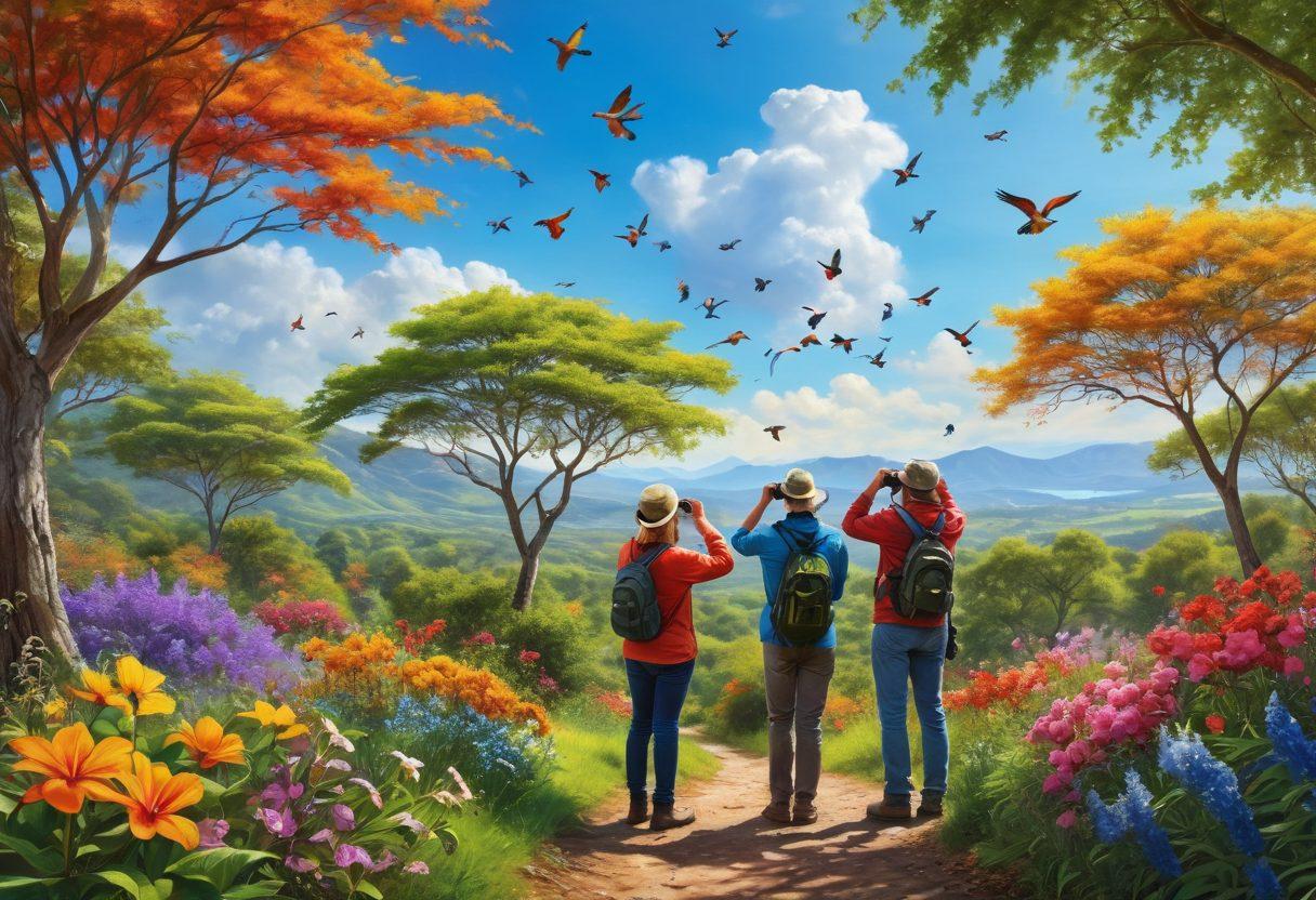 A serene landscape featuring a diverse group of birdwatchers, binoculars in hand, surrounded by vibrant flora, colorful birds flying overhead, and a calm blue sky. Capturing the essence of joy and tranquility, with people smiling and engaged in birdwatching. Illustrate the sense of connection between nature and human happiness. super-realistic. vibrant colors. peaceful atmosphere.